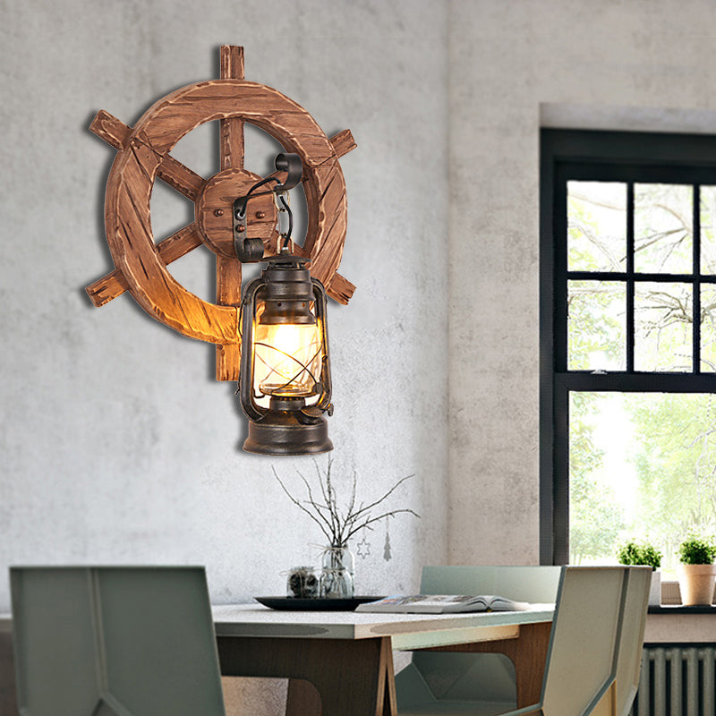 Kerosene Dining Room Wall Lighting Fixture Antiqued Clear Glass 1-Head Brown Sconce with Wood Leaf/Key Backplate Brown E Clearhalo 'Art deco wall lights' 'Cast Iron' 'Glass' 'Industrial wall lights' 'Industrial' 'Middle century wall lights' 'Modern' 'Rustic wall lights' 'Tiffany' 'Traditional wall lights' 'Wall Lamps & Sconces' 'Wall Lights' Lighting' 1043876