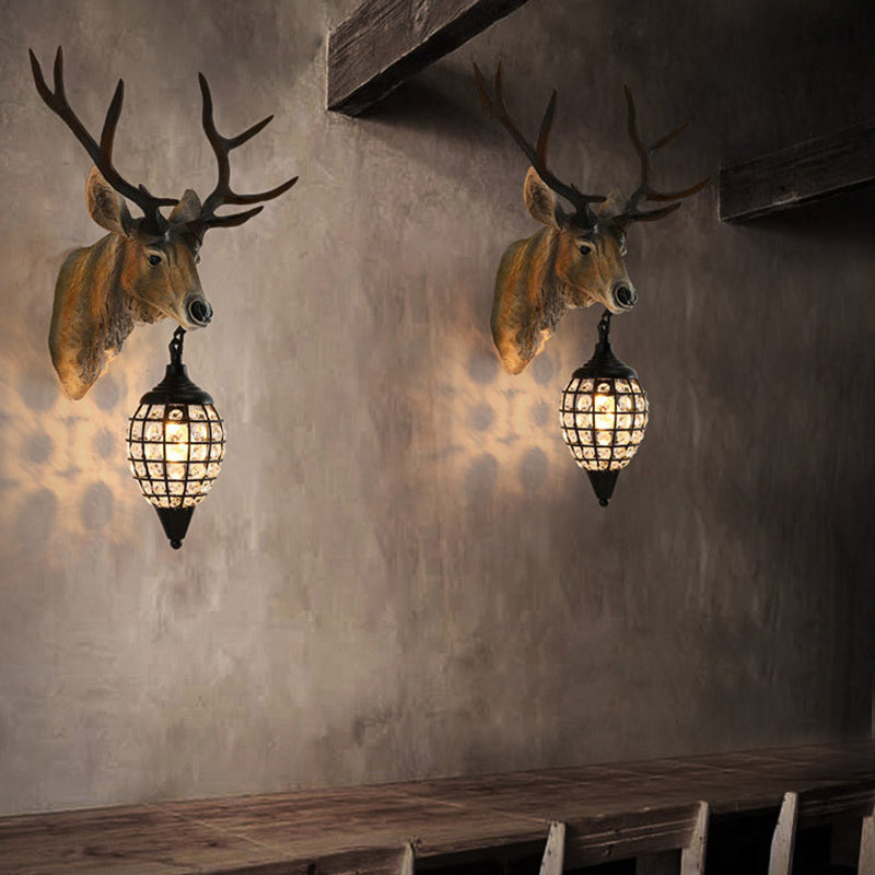 Farmhouse Deer Head Wall Lamp Single-Bulb Resin Sconce Lighting in Brown/Gold with Crystal Shade Brown Clearhalo 'Wall Lamps & Sconces' 'Wall Lights' Lighting' 1043888