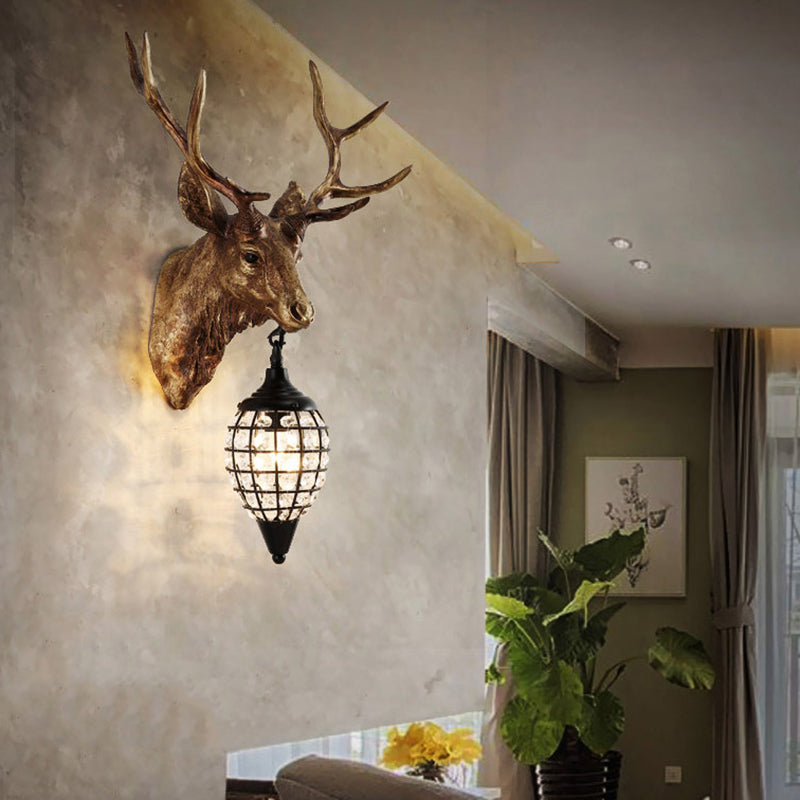 Farmhouse Deer Head Wall Lamp Single-Bulb Resin Sconce Lighting in Brown/Gold with Crystal Shade Gold Clearhalo 'Wall Lamps & Sconces' 'Wall Lights' Lighting' 1043891