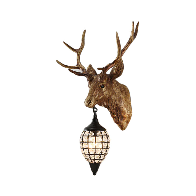 Farmhouse Deer Head Wall Lamp Single-Bulb Resin Sconce Lighting in Brown/Gold with Crystal Shade Clearhalo 'Wall Lamps & Sconces' 'Wall Lights' Lighting' 1043893