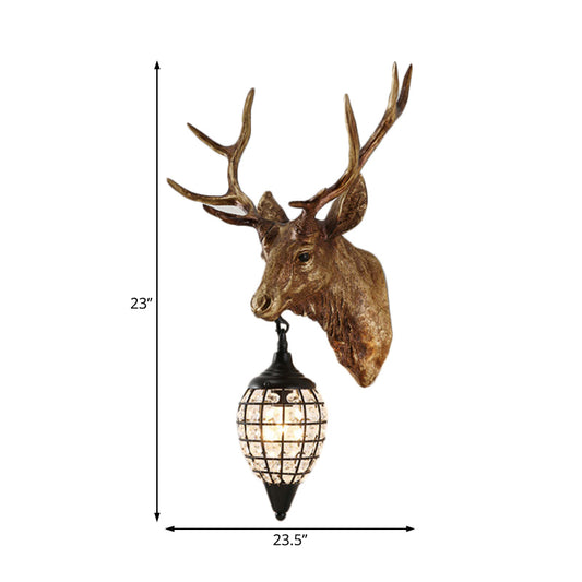 Farmhouse Deer Head Wall Lamp Single-Bulb Resin Sconce Lighting in Brown/Gold with Crystal Shade Clearhalo 'Wall Lamps & Sconces' 'Wall Lights' Lighting' 1043894