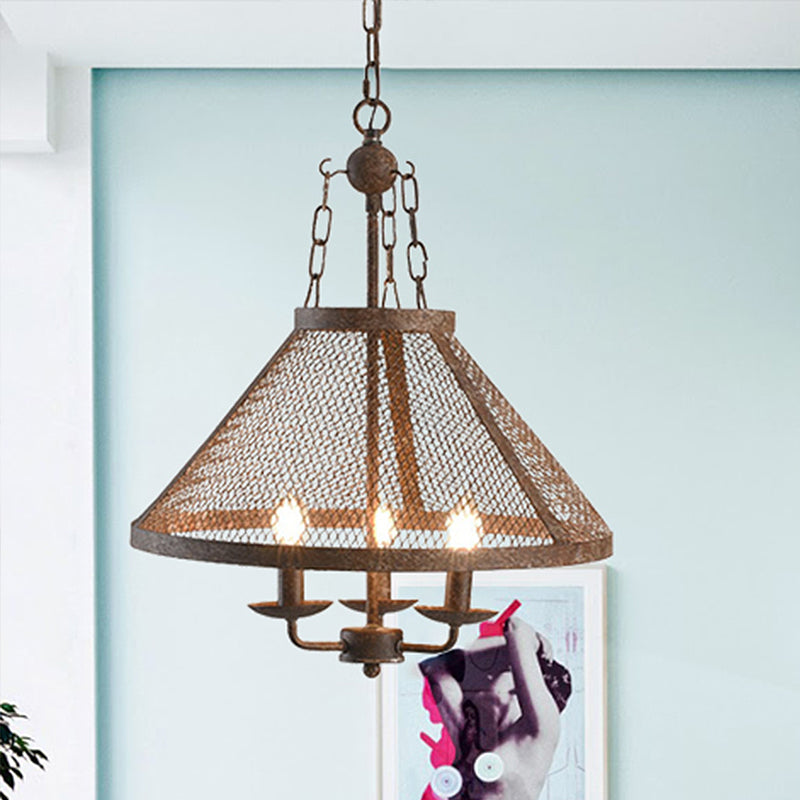 Antique Mesh Flared Pendant Light with Candle 3 Lights Metal Chandelier Lamp in Dark Rust for Dining Room Clearhalo 'Ceiling Lights' 'Chandeliers' Lighting' options 1043899