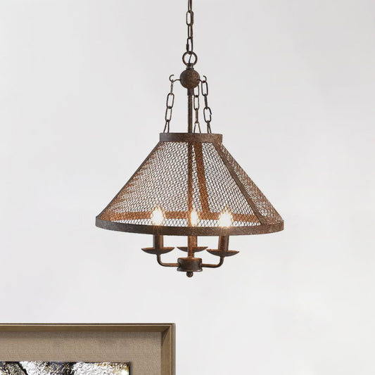 Antique Mesh Flared Pendant Light with Candle 3 Lights Metal Chandelier Lamp in Dark Rust for Dining Room Clearhalo 'Ceiling Lights' 'Chandeliers' Lighting' options 1043900