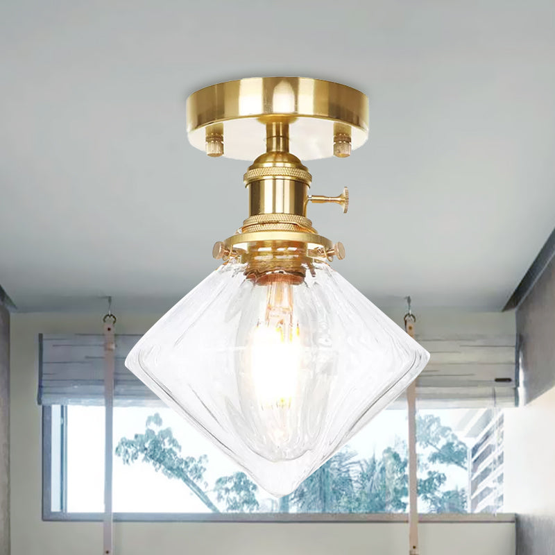 Gem Shade Living Room Semi Flush Industrial Prismatic Glass One Light Clear/Amber Lamping Clearhalo 'Ceiling Lights' 'Close To Ceiling Lights' 'Close to ceiling' 'Glass shade' 'Glass' 'Semi-flushmount' Lighting' 1043918