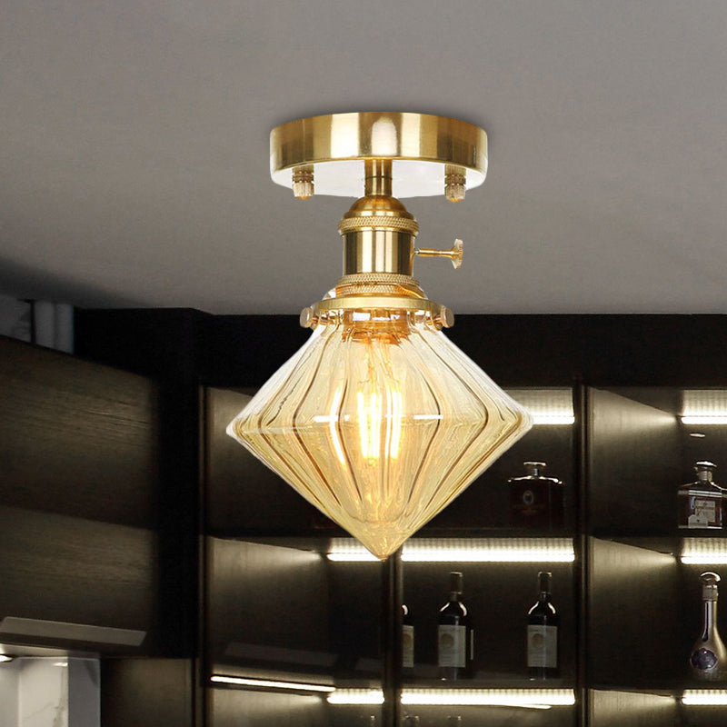 Gem Shade Living Room Semi Flush Industrial Prismatic Glass One Light Clear/Amber Lamping Clearhalo 'Ceiling Lights' 'Close To Ceiling Lights' 'Close to ceiling' 'Glass shade' 'Glass' 'Semi-flushmount' Lighting' 1043919