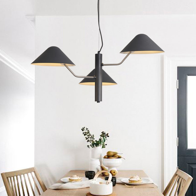 Branch Suspension Light with Metal Cone Shade Postmodern 3/5 Lights Black/White/Green Chandelier Light for Dining Room 3 Black Clearhalo 'Ceiling Lights' 'Chandeliers' 'Modern Chandeliers' 'Modern' Lighting' 1043950