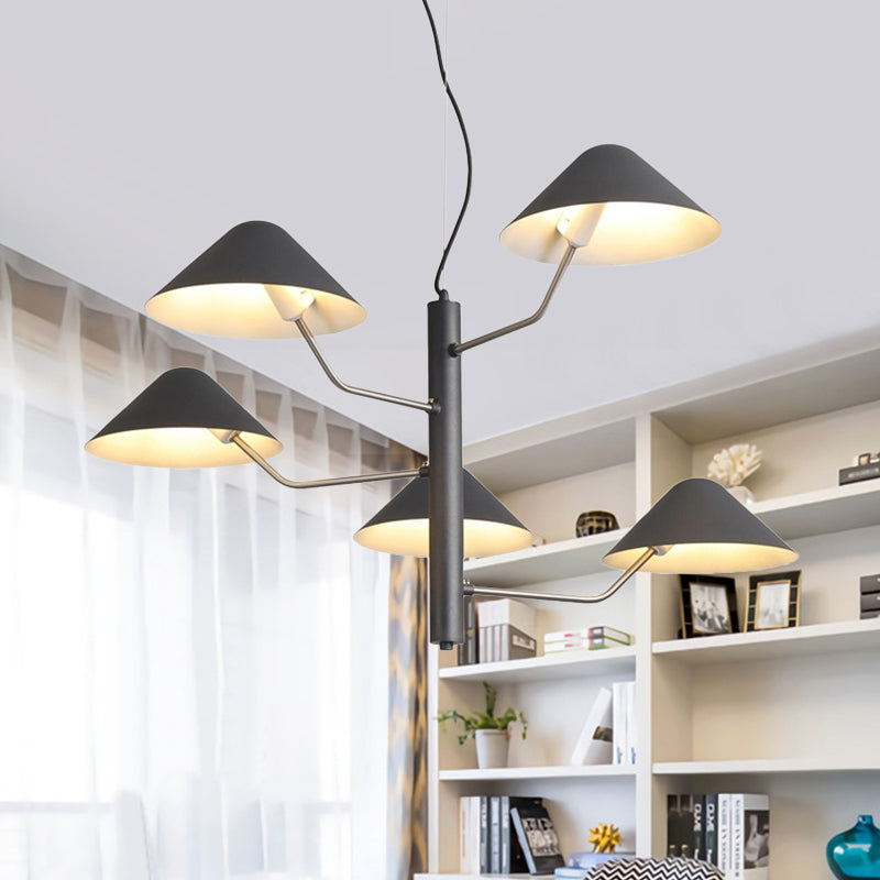 Branch Suspension Light with Metal Cone Shade Postmodern 3/5 Lights Black/White/Green Chandelier Light for Dining Room 5 Black Clearhalo 'Ceiling Lights' 'Chandeliers' 'Modern Chandeliers' 'Modern' Lighting' 1043955