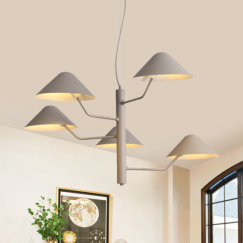 Branch Suspension Light with Metal Cone Shade Postmodern 3/5 Lights Black/White/Green Chandelier Light for Dining Room 5 Grey Clearhalo 'Ceiling Lights' 'Chandeliers' 'Modern Chandeliers' 'Modern' Lighting' 1043972