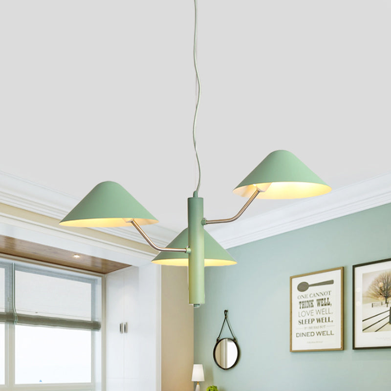 Branch Suspension Light with Metal Cone Shade Postmodern 3/5 Lights Black/White/Green Chandelier Light for Dining Room 3 Green Clearhalo 'Ceiling Lights' 'Chandeliers' 'Modern Chandeliers' 'Modern' Lighting' 1043976