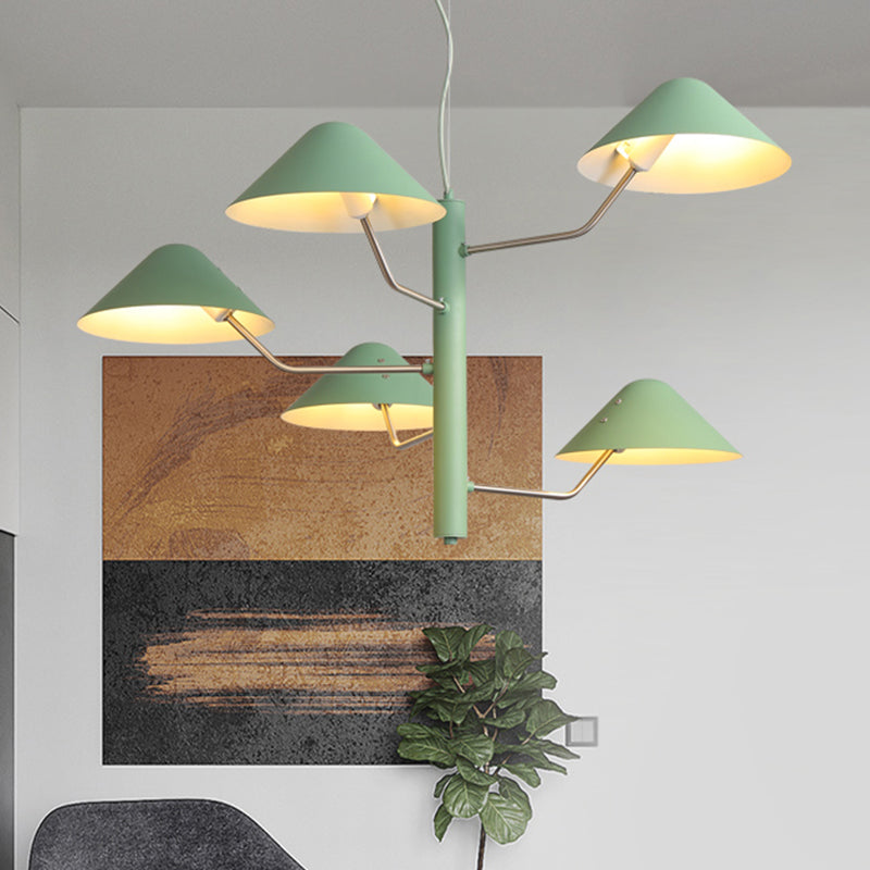 Branch Suspension Light with Metal Cone Shade Postmodern 3/5 Lights Black/White/Green Chandelier Light for Dining Room 5 Green Clearhalo 'Ceiling Lights' 'Chandeliers' 'Modern Chandeliers' 'Modern' Lighting' 1043980