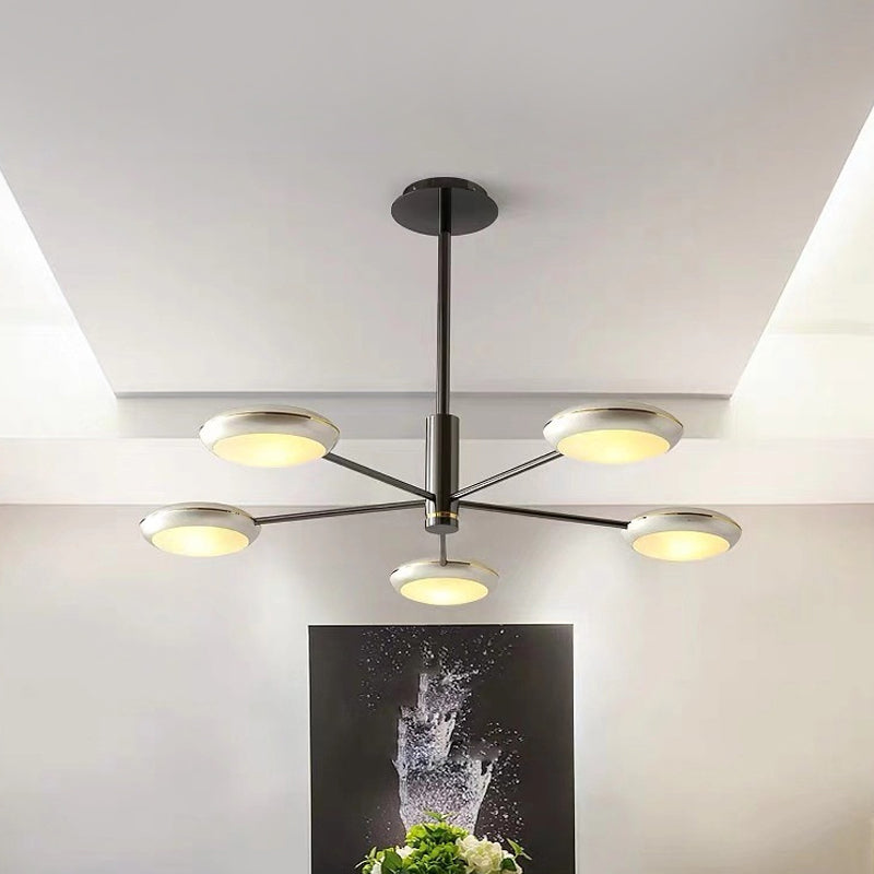 Starburst Chandelier Lighting with Black/Silver Drum Shade Postmodern 3/4/5 Heads Metal Hanging Ceiling Light for Living Room 5 Silver Clearhalo 'Ceiling Lights' 'Chandeliers' 'Modern Chandeliers' 'Modern' Lighting' 1044022