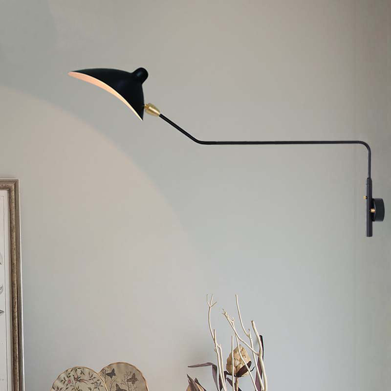 1/2-Light Living Room Wall Sconce with Curved Arm Metallic Shade Modern Style Black/White Wall Mounted Lamp Black Clearhalo 'Cast Iron' 'Glass' 'Industrial' 'Modern wall lights' 'Modern' 'Tiffany' 'Traditional wall lights' 'Wall Lamps & Sconces' 'Wall Lights' Lighting' 1044044
