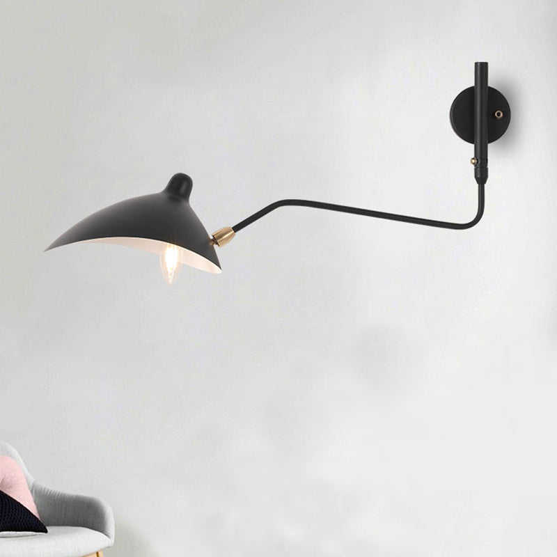 1/2-Light Living Room Wall Sconce with Curved Arm Metallic Shade Modern Style Black/White Wall Mounted Lamp Clearhalo 'Cast Iron' 'Glass' 'Industrial' 'Modern wall lights' 'Modern' 'Tiffany' 'Traditional wall lights' 'Wall Lamps & Sconces' 'Wall Lights' Lighting' 1044045