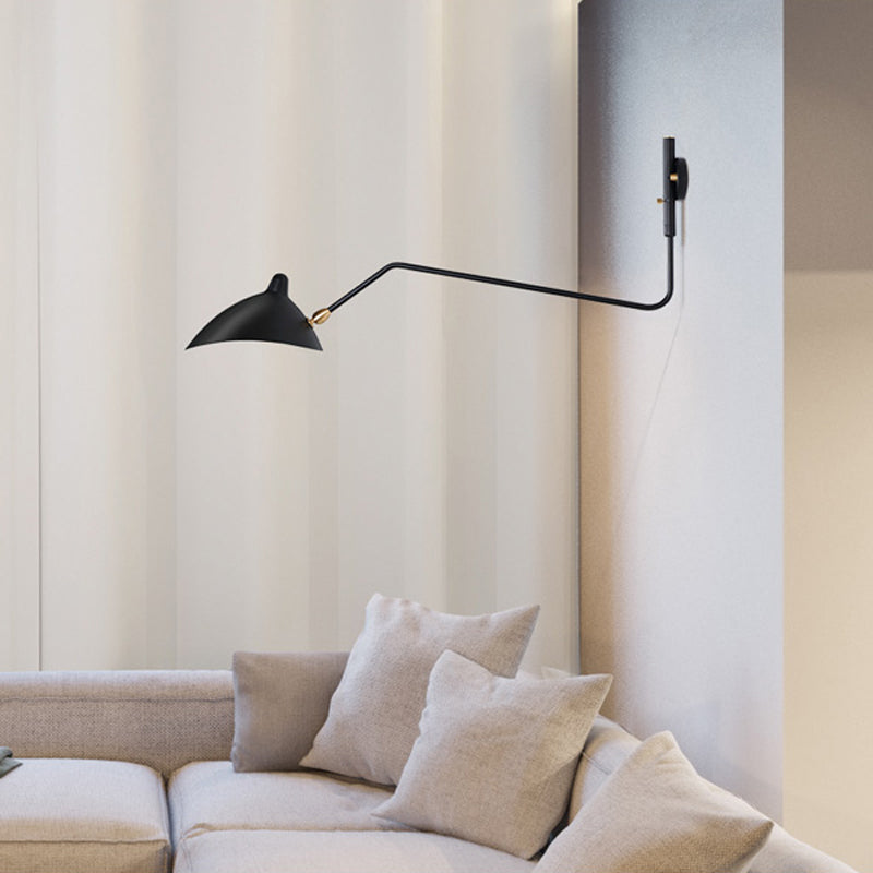 1/2-Light Living Room Wall Sconce with Curved Arm Metallic Shade Modern Style Black/White Wall Mounted Lamp Clearhalo 'Cast Iron' 'Glass' 'Industrial' 'Modern wall lights' 'Modern' 'Tiffany' 'Traditional wall lights' 'Wall Lamps & Sconces' 'Wall Lights' Lighting' 1044046