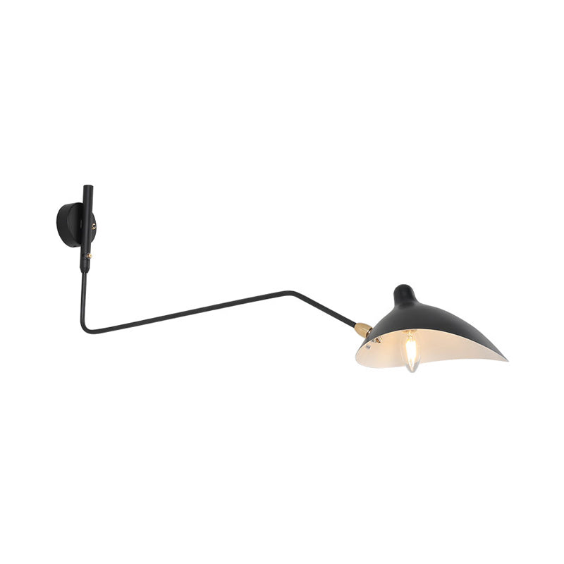 1/2-Light Living Room Wall Sconce with Curved Arm Metallic Shade Modern Style Black/White Wall Mounted Lamp Clearhalo 'Cast Iron' 'Glass' 'Industrial' 'Modern wall lights' 'Modern' 'Tiffany' 'Traditional wall lights' 'Wall Lamps & Sconces' 'Wall Lights' Lighting' 1044047