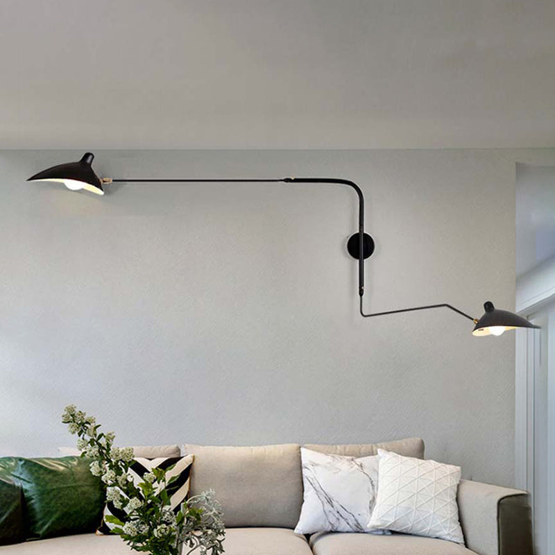 1/2-Light Living Room Wall Sconce with Curved Arm Metallic Shade Modern Style Black/White Wall Mounted Lamp Black Clearhalo 'Cast Iron' 'Glass' 'Industrial' 'Modern wall lights' 'Modern' 'Tiffany' 'Traditional wall lights' 'Wall Lamps & Sconces' 'Wall Lights' Lighting' 1044049