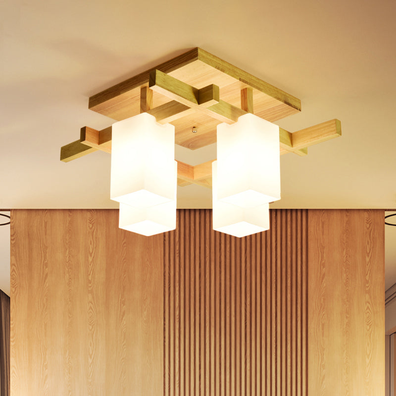 Milk Glass Cuboid Ceiling Lamp Contemporary 4/6/8 Lights LED Flush Ceiling Light in White for Living Room 4 Wood Clearhalo 'Ceiling Lights' 'Close To Ceiling Lights' 'Close to ceiling' 'Semi-flushmount' Lighting' 1044078