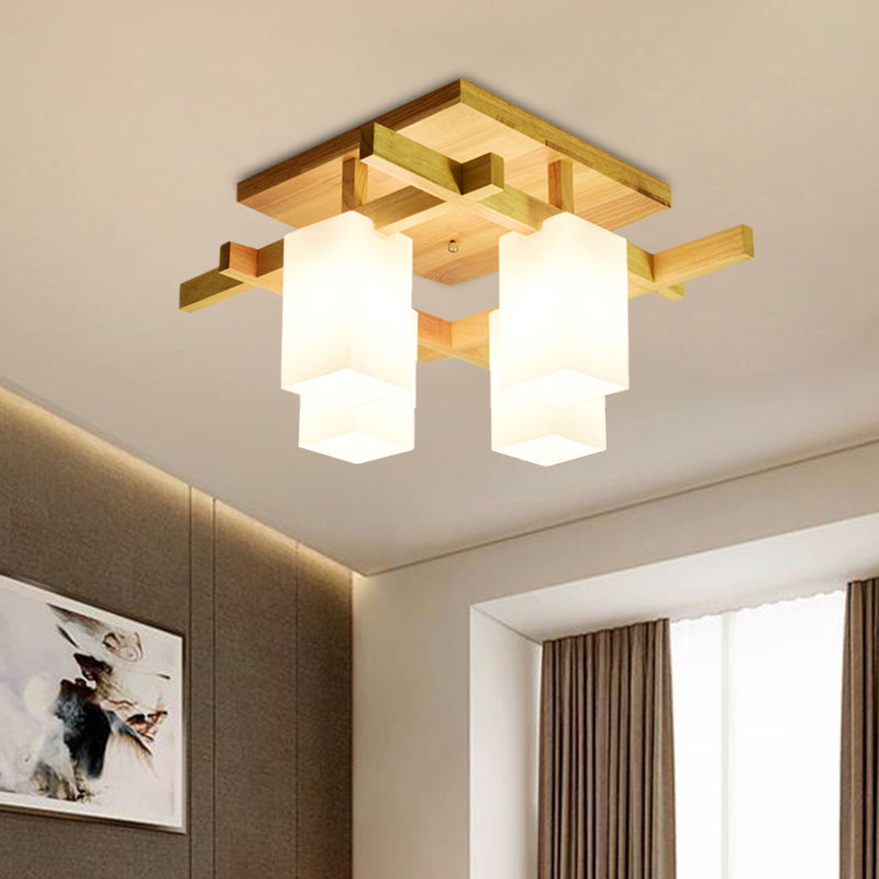 Milk Glass Cuboid Ceiling Lamp Contemporary 4/6/8 Lights LED Flush Ceiling Light in White for Living Room Clearhalo 'Ceiling Lights' 'Close To Ceiling Lights' 'Close to ceiling' 'Semi-flushmount' Lighting' 1044079