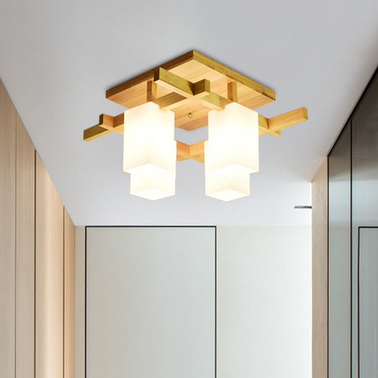 Milk Glass Cuboid Ceiling Lamp Contemporary 4/6/8 Lights LED Flush Ceiling Light in White for Living Room Clearhalo 'Ceiling Lights' 'Close To Ceiling Lights' 'Close to ceiling' 'Semi-flushmount' Lighting' 1044080