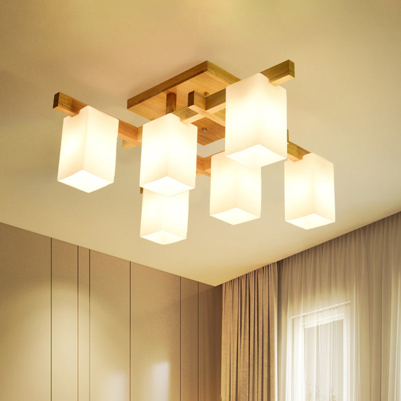 Milk Glass Cuboid Ceiling Lamp Contemporary 4/6/8 Lights LED Flush Ceiling Light in White for Living Room 6 Wood Clearhalo 'Ceiling Lights' 'Close To Ceiling Lights' 'Close to ceiling' 'Semi-flushmount' Lighting' 1044083