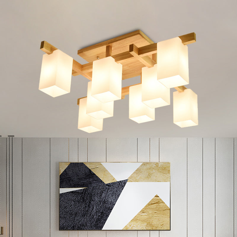 Milk Glass Cuboid Ceiling Lamp Contemporary 4/6/8 Lights LED Flush Ceiling Light in White for Living Room 8 Wood Clearhalo 'Ceiling Lights' 'Close To Ceiling Lights' 'Close to ceiling' 'Semi-flushmount' Lighting' 1044087