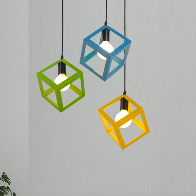 1 Light Hanging Lamp with Cubic Cage Shade Metal Loft Style Dining Room Pendant Light in Red/Blue/Green Yellow Clearhalo 'Ceiling Lights' 'Modern Pendants' 'Modern' 'Pendant Lights' 'Pendants' Lighting' 1044143