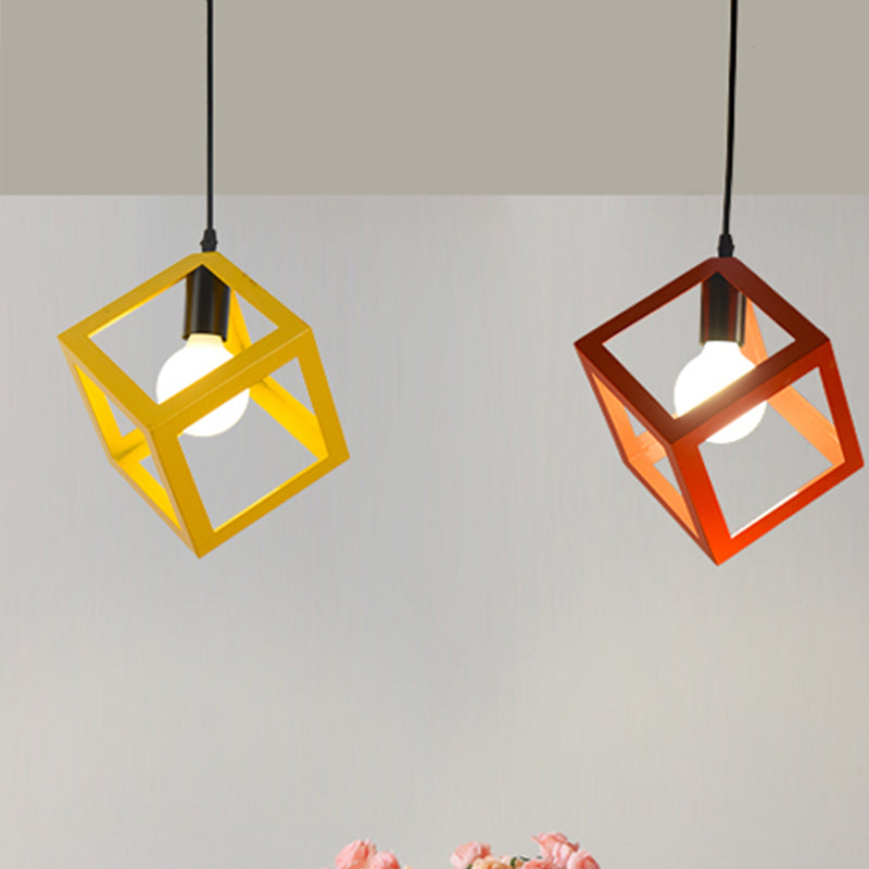 1 Light Hanging Lamp with Cubic Cage Shade Metal Loft Style Dining Room Pendant Light in Red/Blue/Green Clearhalo 'Ceiling Lights' 'Modern Pendants' 'Modern' 'Pendant Lights' 'Pendants' Lighting' 1044144