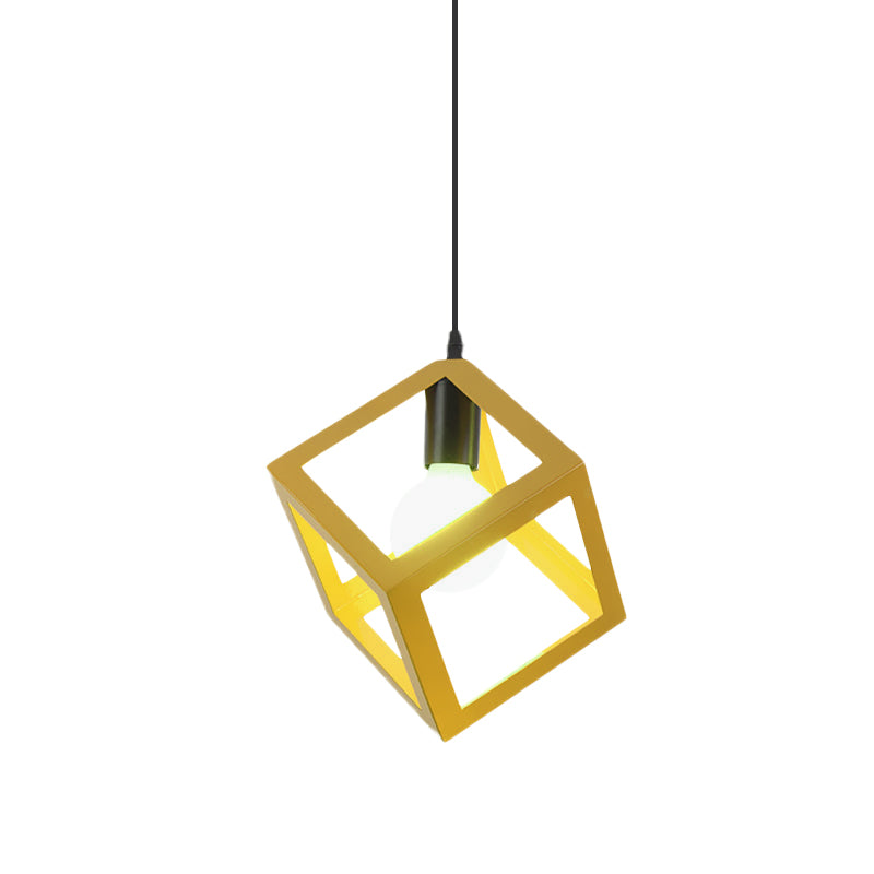 1 Light Hanging Lamp with Cubic Cage Shade Metal Loft Style Dining Room Pendant Light in Red/Blue/Green Clearhalo 'Ceiling Lights' 'Modern Pendants' 'Modern' 'Pendant Lights' 'Pendants' Lighting' 1044146