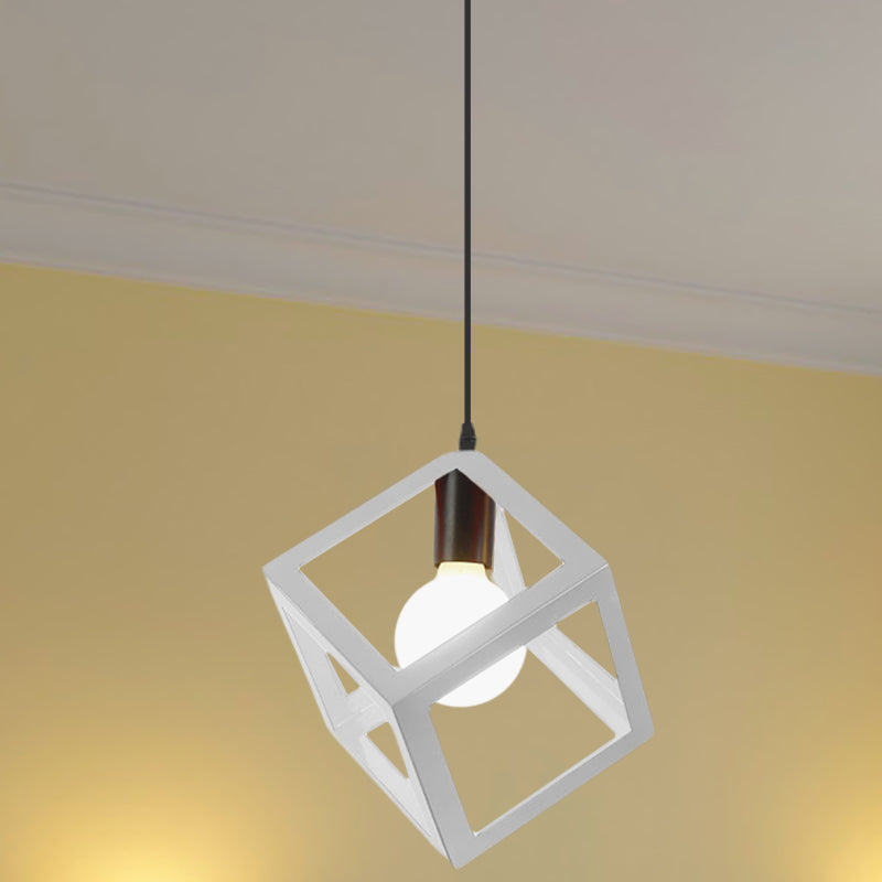 1 Light Hanging Lamp with Cubic Cage Shade Metal Loft Style Dining Room Pendant Light in Red/Blue/Green White Clearhalo 'Ceiling Lights' 'Modern Pendants' 'Modern' 'Pendant Lights' 'Pendants' Lighting' 1044148