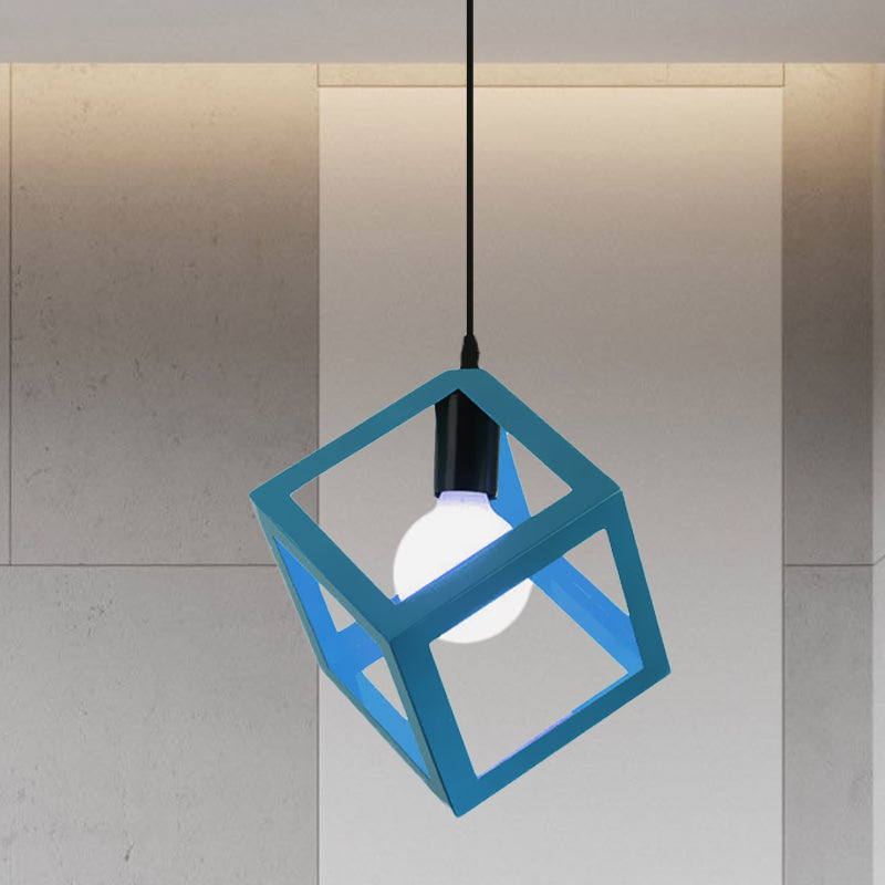 1 Light Hanging Lamp with Cubic Cage Shade Metal Loft Style Dining Room Pendant Light in Red/Blue/Green Blue Clearhalo 'Ceiling Lights' 'Modern Pendants' 'Modern' 'Pendant Lights' 'Pendants' Lighting' 1044152