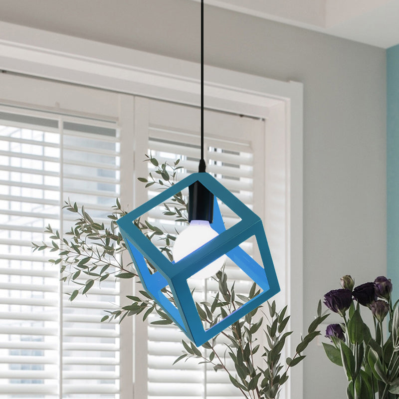 1 Light Hanging Lamp with Cubic Cage Shade Metal Loft Style Dining Room Pendant Light in Red/Blue/Green Clearhalo 'Ceiling Lights' 'Modern Pendants' 'Modern' 'Pendant Lights' 'Pendants' Lighting' 1044154