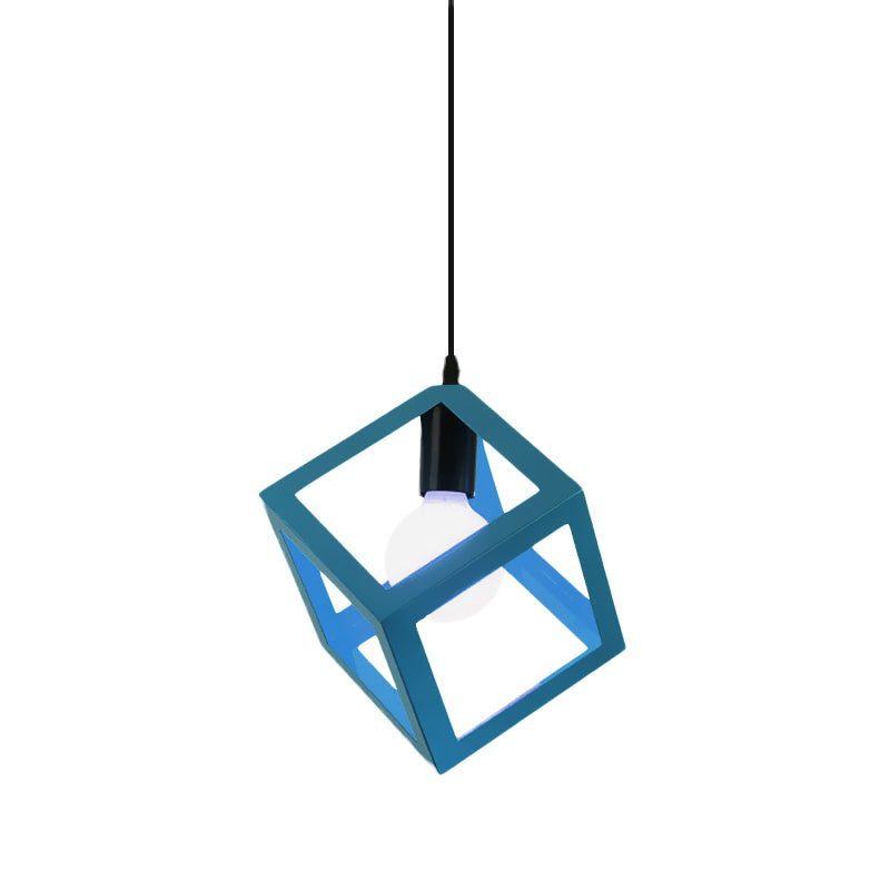 1 Light Hanging Lamp with Cubic Cage Shade Metal Loft Style Dining Room Pendant Light in Red/Blue/Green Clearhalo 'Ceiling Lights' 'Modern Pendants' 'Modern' 'Pendant Lights' 'Pendants' Lighting' 1044155