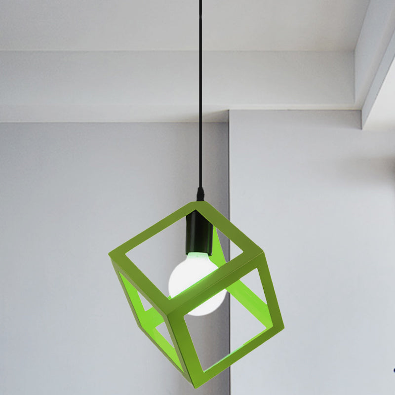 1 Light Hanging Lamp with Cubic Cage Shade Metal Loft Style Dining Room Pendant Light in Red/Blue/Green Green Clearhalo 'Ceiling Lights' 'Modern Pendants' 'Modern' 'Pendant Lights' 'Pendants' Lighting' 1044156