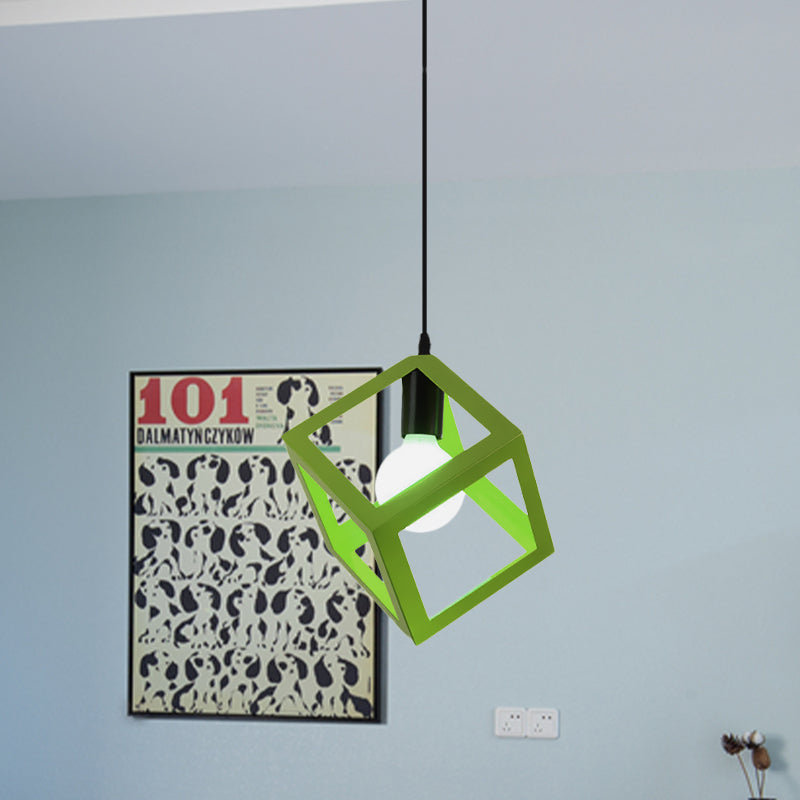 1 Light Hanging Lamp with Cubic Cage Shade Metal Loft Style Dining Room Pendant Light in Red/Blue/Green Clearhalo 'Ceiling Lights' 'Modern Pendants' 'Modern' 'Pendant Lights' 'Pendants' Lighting' 1044157