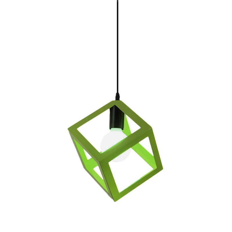 1 Light Hanging Lamp with Cubic Cage Shade Metal Loft Style Dining Room Pendant Light in Red/Blue/Green Clearhalo 'Ceiling Lights' 'Modern Pendants' 'Modern' 'Pendant Lights' 'Pendants' Lighting' 1044159