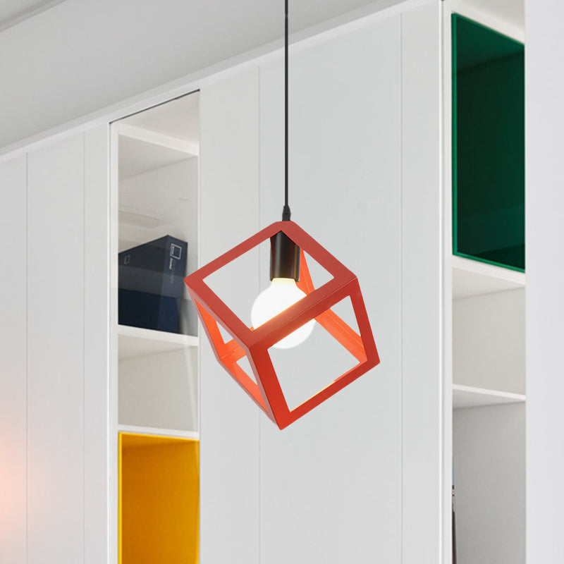 1 Light Hanging Lamp with Cubic Cage Shade Metal Loft Style Dining Room Pendant Light in Red/Blue/Green Clearhalo 'Ceiling Lights' 'Modern Pendants' 'Modern' 'Pendant Lights' 'Pendants' Lighting' 1044161