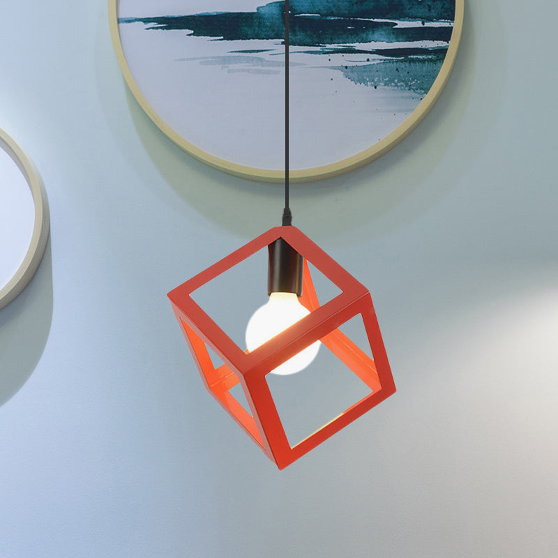 1 Light Hanging Lamp with Cubic Cage Shade Metal Loft Style Dining Room Pendant Light in Red/Blue/Green Clearhalo 'Ceiling Lights' 'Modern Pendants' 'Modern' 'Pendant Lights' 'Pendants' Lighting' 1044162