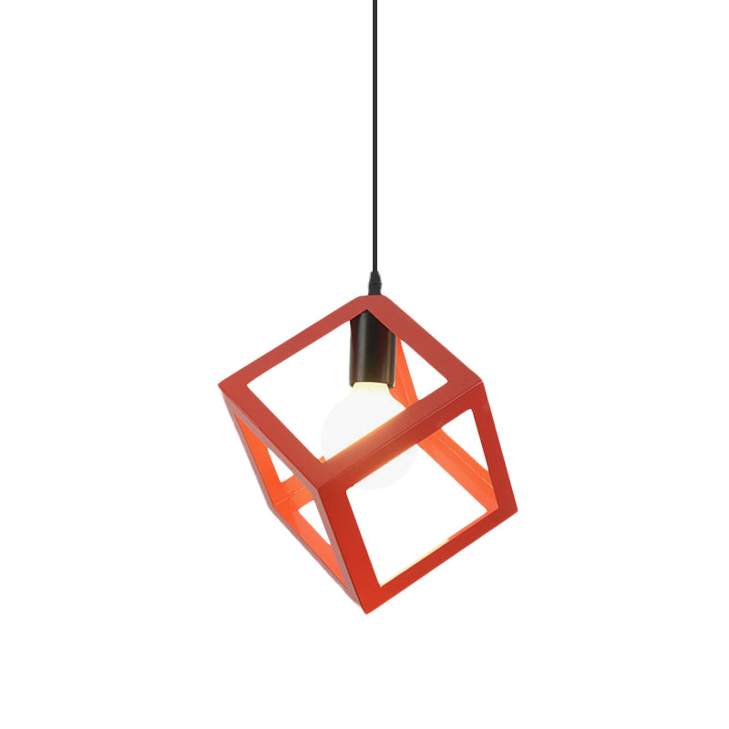 1 Light Hanging Lamp with Cubic Cage Shade Metal Loft Style Dining Room Pendant Light in Red/Blue/Green Clearhalo 'Ceiling Lights' 'Modern Pendants' 'Modern' 'Pendant Lights' 'Pendants' Lighting' 1044163