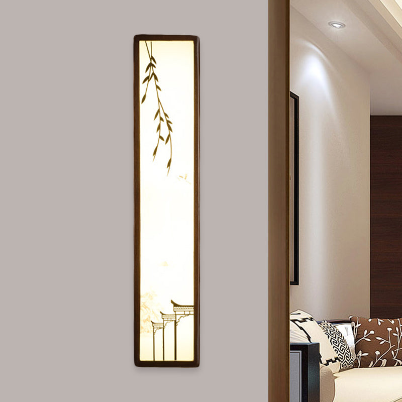 Acrylic Rectangle Mural Light Flush Mount Asian Brown LED Wall Light Sconce with Bamboo and House Pattern Clearhalo 'Wall Lamps & Sconces' 'Wall Lights' Lighting' 1046875