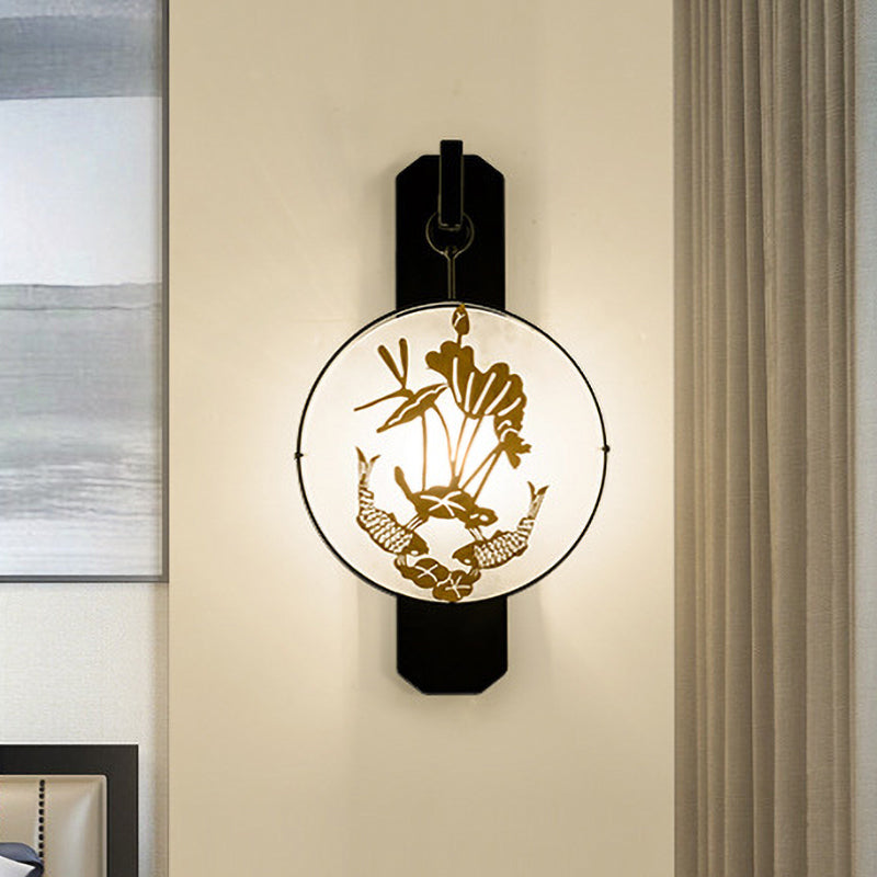 Carp and Lotus Leaves Mural Sconce Light Chinese Fabric 1-Light Bedroom Wall Lamp in Black-Gold Black Clearhalo 'Wall Lamps & Sconces' 'Wall Lights' Lighting' 1046883