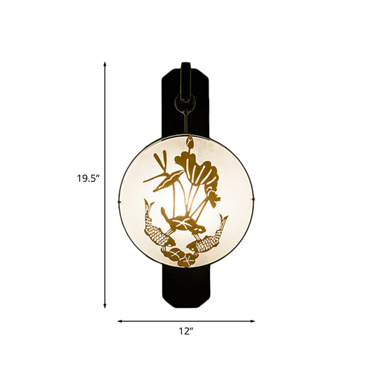 Carp and Lotus Leaves Mural Sconce Light Chinese Fabric 1-Light Bedroom Wall Lamp in Black-Gold Clearhalo 'Wall Lamps & Sconces' 'Wall Lights' Lighting' 1046886