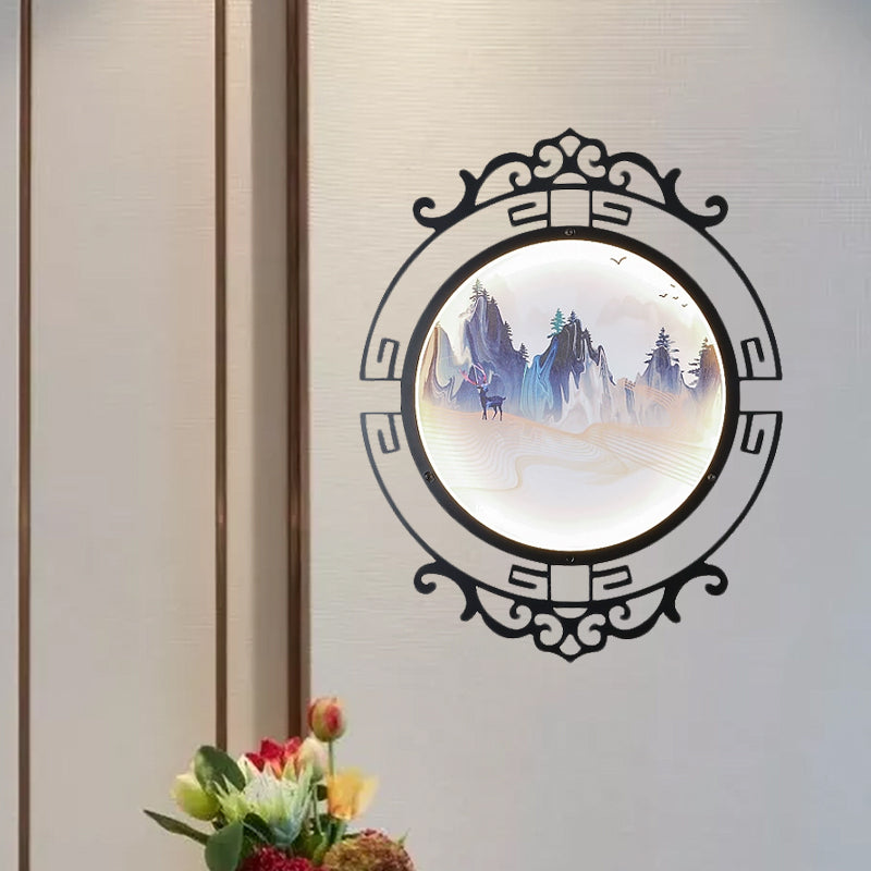 Elk and Mountain Study Room Mural Lamp Metal Asian LED Wall Light Fixture with Scroll Frame in Black Black Clearhalo 'Wall Lamps & Sconces' 'Wall Lights' Lighting' 1046921