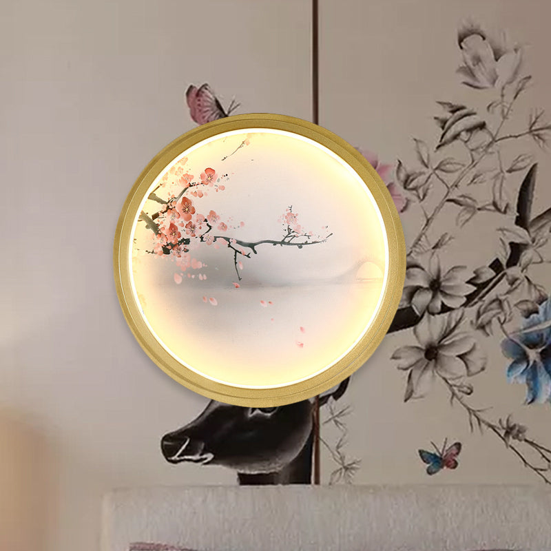 Hand-Paint Flower/Mountain Mural Lighting Chinese Fabric Living Room LED Wall Sconce with Gold Round/Square Frame Gold Round Clearhalo 'Wall Lamps & Sconces' 'Wall Lights' Lighting' 1046925