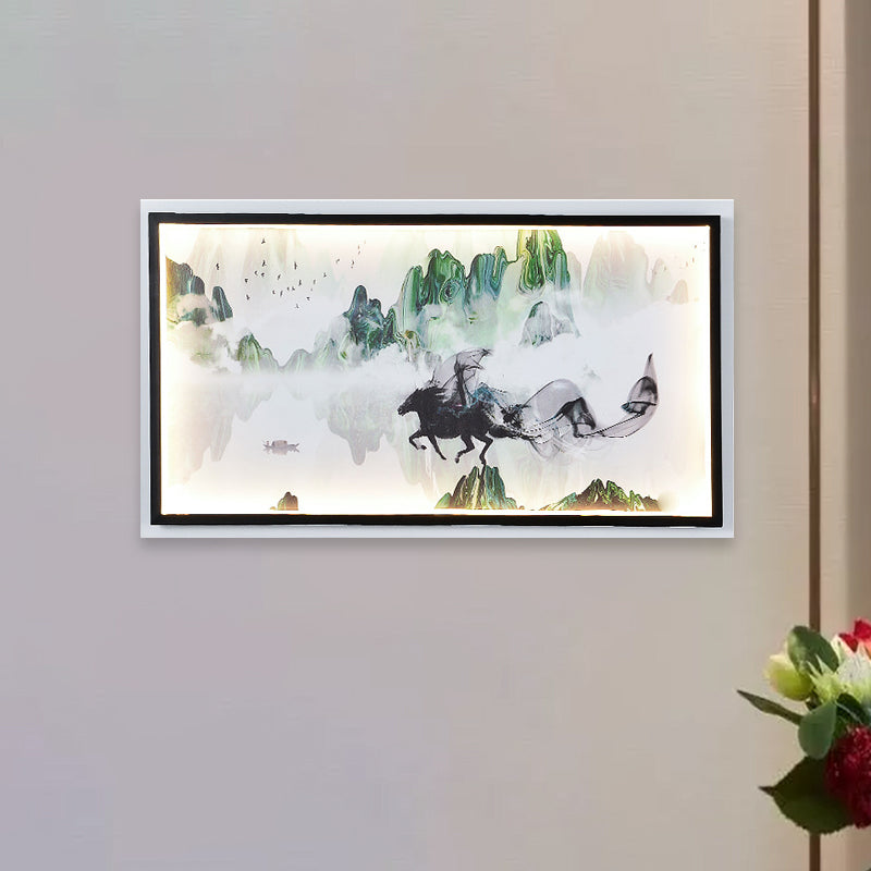 Chinese Steed and Landscape Mural Lamp Fabric Parlor LED Wall Mounted Lighting in Black Black Clearhalo 'Wall Lamps & Sconces' 'Wall Lights' Lighting' 1046950