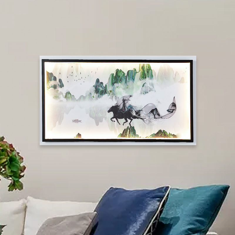 Chinese Steed and Landscape Mural Lamp Fabric Parlor LED Wall Mounted Lighting in Black Clearhalo 'Wall Lamps & Sconces' 'Wall Lights' Lighting' 1046951