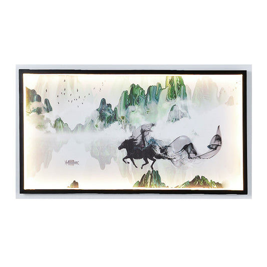 Chinese Steed and Landscape Mural Lamp Fabric Parlor LED Wall Mounted Lighting in Black Clearhalo 'Wall Lamps & Sconces' 'Wall Lights' Lighting' 1046952