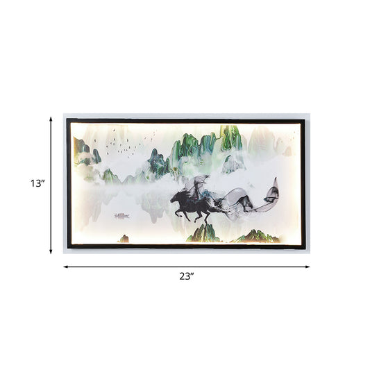 Chinese Steed and Landscape Mural Lamp Fabric Parlor LED Wall Mounted Lighting in Black Clearhalo 'Wall Lamps & Sconces' 'Wall Lights' Lighting' 1046953