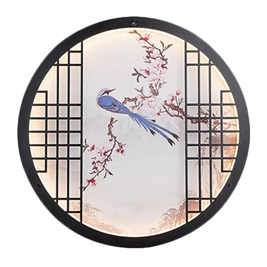 Round Ultrathin Bedroom Wall Art Fabric LED Chinese Mural Light with Bird and Flower Branch Pattern in Black Clearhalo 'Wall Lamps & Sconces' 'Wall Lights' Lighting' 1046960