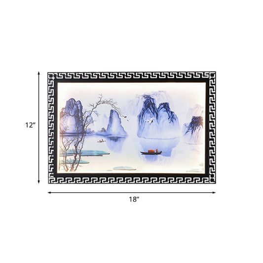 Dark Blue Mountain Scene Mural Lighting Asia LED Fabric Wall Mounted Lamp for Family Room Clearhalo 'Wall Lamps & Sconces' 'Wall Lights' Lighting' 1046981