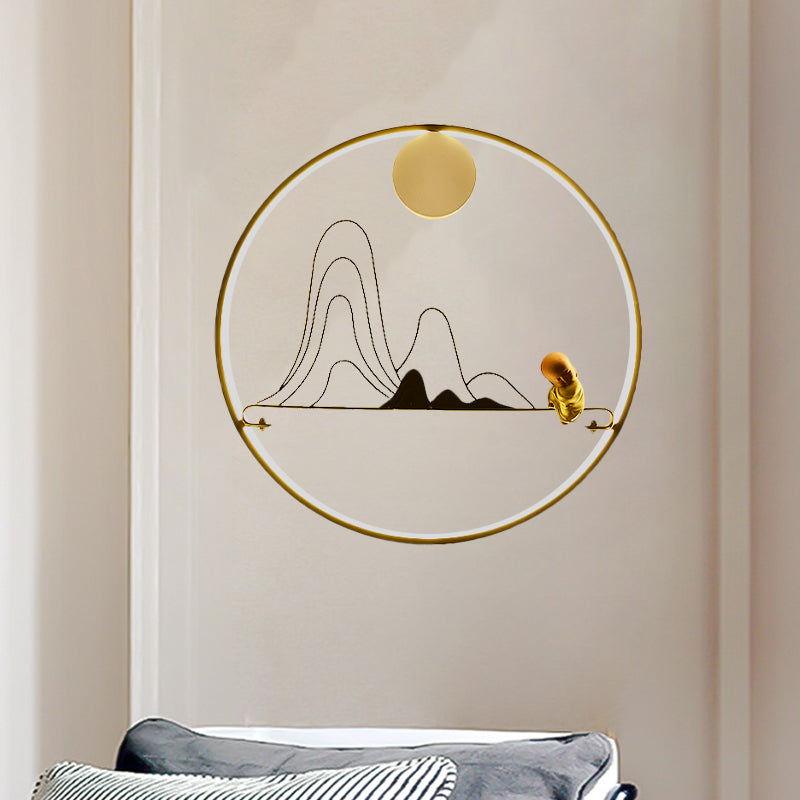 Mountain and Monk Mural Wall Lamp Creative Chinese Style Fabric Gold LED Sconce Light Clearhalo 'Wall Lamps & Sconces' 'Wall Lights' Lighting' 1046983